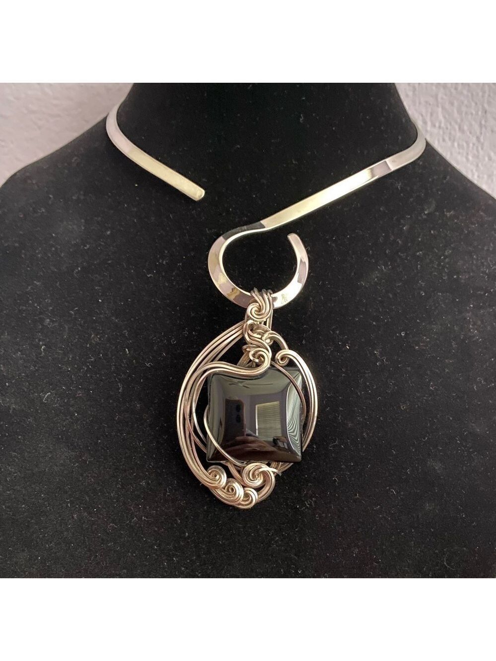 Onyx Pendant Handmade Twisted Silver Wire Wrap Artisan Statement